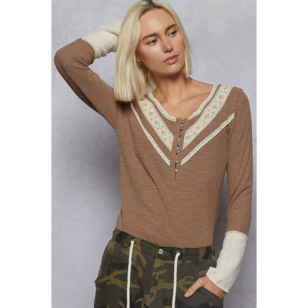 POL Brown Ribbed V Neck Lace Trim Henley Top